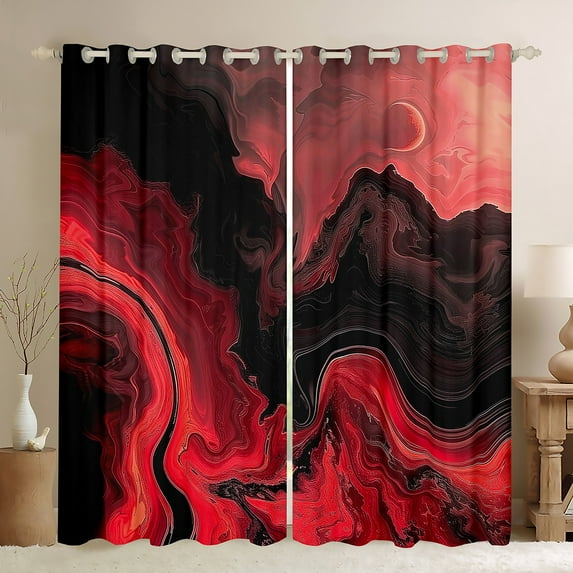 Red Black Marble Curtains Modern Abstract Art Curtains & Drapes, Aesthetic Marbling 30%-50% Blackout Curtains Watercolor Stone Pattern Bedroom Curtains, Mountain Fluid Window Treatments