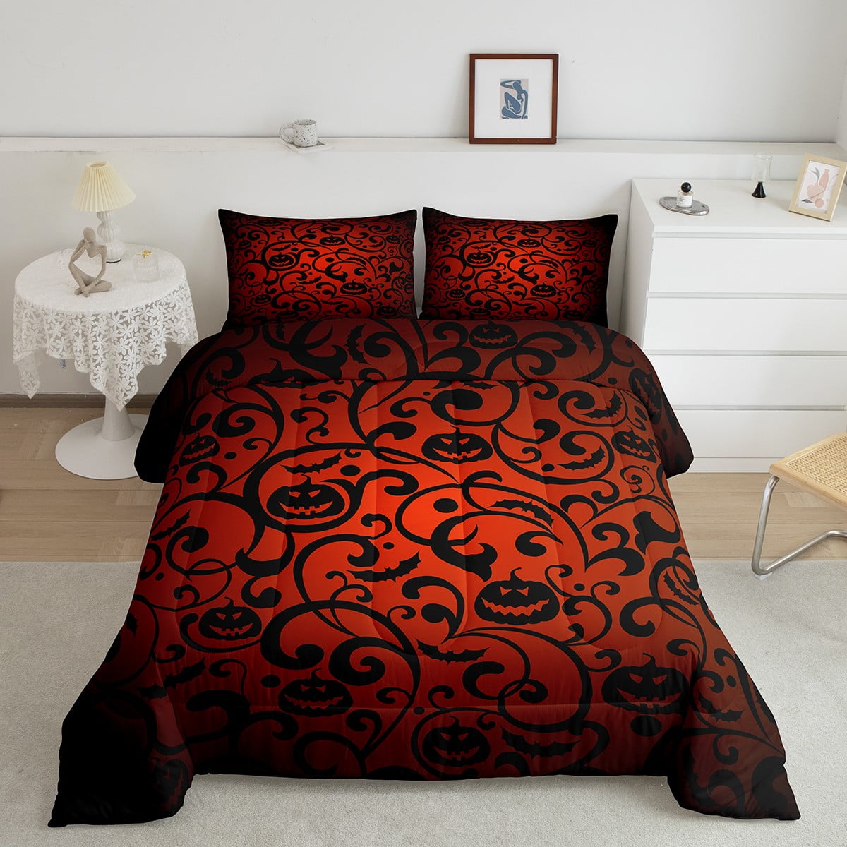 YST Red Black Ombre Gothic Bedding Set Twin Pumpkin Bat Comforter Set Halloween Decoration Down