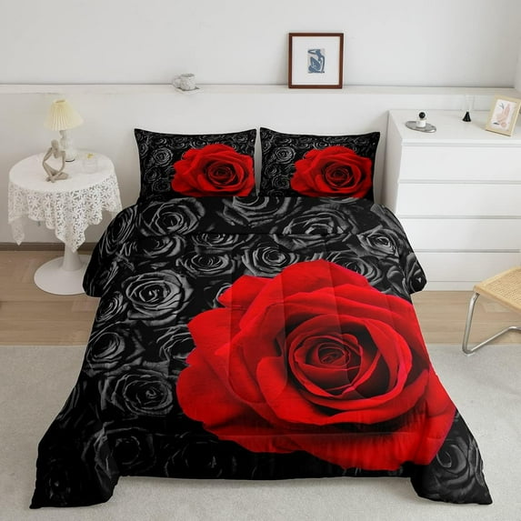 Erosebridal Red and Black Rose Comforter Set King Valentine's Day Bedding for Women Rose Love Romantic Moment Print Quilts Blossom Rose Flowers Duvet Insert 3 Pcs with 2 Pillowcases