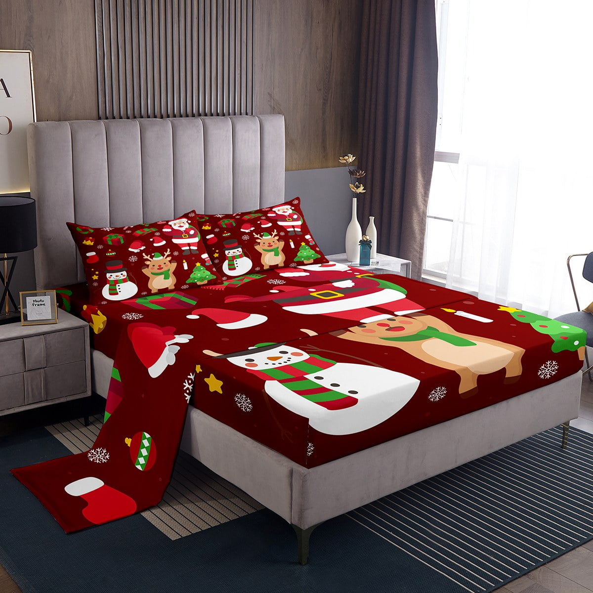 YST Red Christmas Bed Sheets Twin Size,Cute Deer Snowman Santa Claus