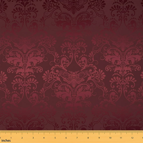 Erosebridal Red Damask Fabric By The Yard,Gothic Moth Damask Upholstery Fabric for Man,Boho Exotic Skull Decorative Fabric,Vintage Floral Print Indoor Outdoor Fabric,Red Grey,3 Yards