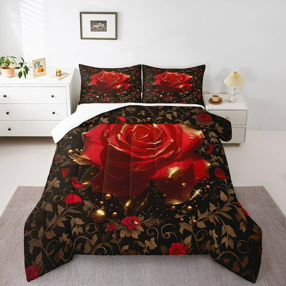 Red Gold Rose Floral Bedding Set,Romantic Flower Comforter Set Valentines Day Gifts Women,Green Leaf Plant Quilt Bed Set Country Flowers Bed Comforter Set 2Pcs