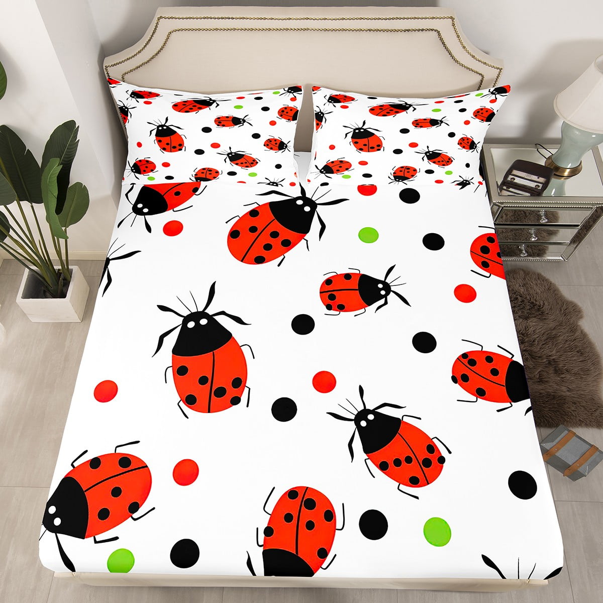 YST Red Ladybug Twin Fitted Sheet for Kids Boys Girls,Cartoon Ladybugs ...