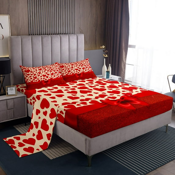 Red Love Heart Bed Sheets Twin for Couples,Cute Bow Romantic Sheet Set Valentines Day Decorations Gifts Women ,Loving Hearts Sheets Wedding Bedding Set Bedroom Decor