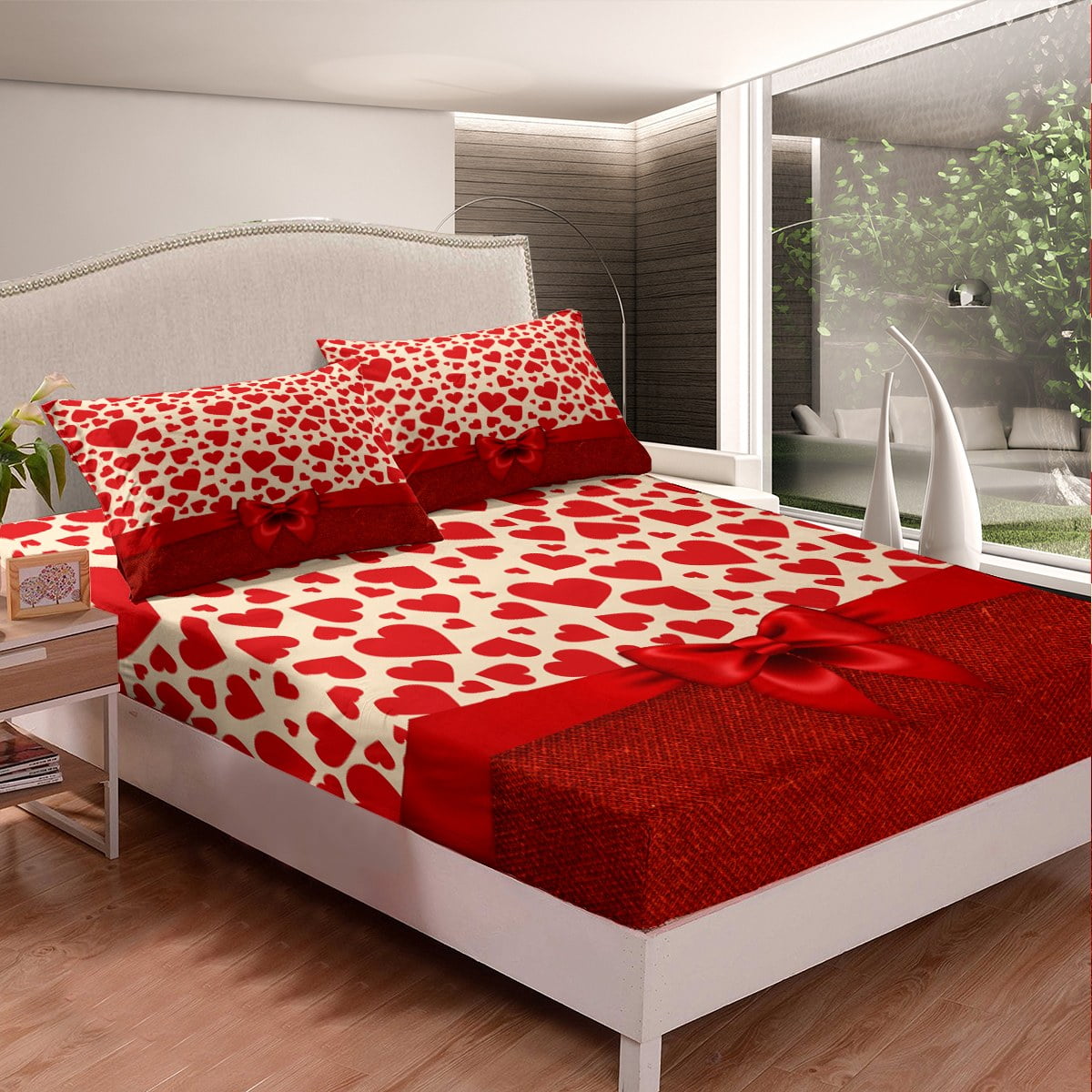 Red Love Heart Fitted Sheet Full for Couples,Cute Bow Romantic Bed ...