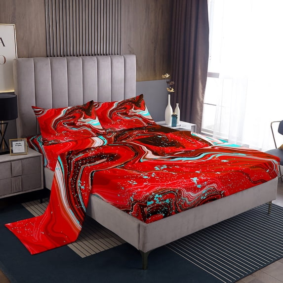 YST Red Marble Bed Set Scarlet Bed Sheets Set, Watercolor Sheet Set Queen Abstract Marbling Sheets, Geometric Swirl Top Sheet Lightweight Room Decorative