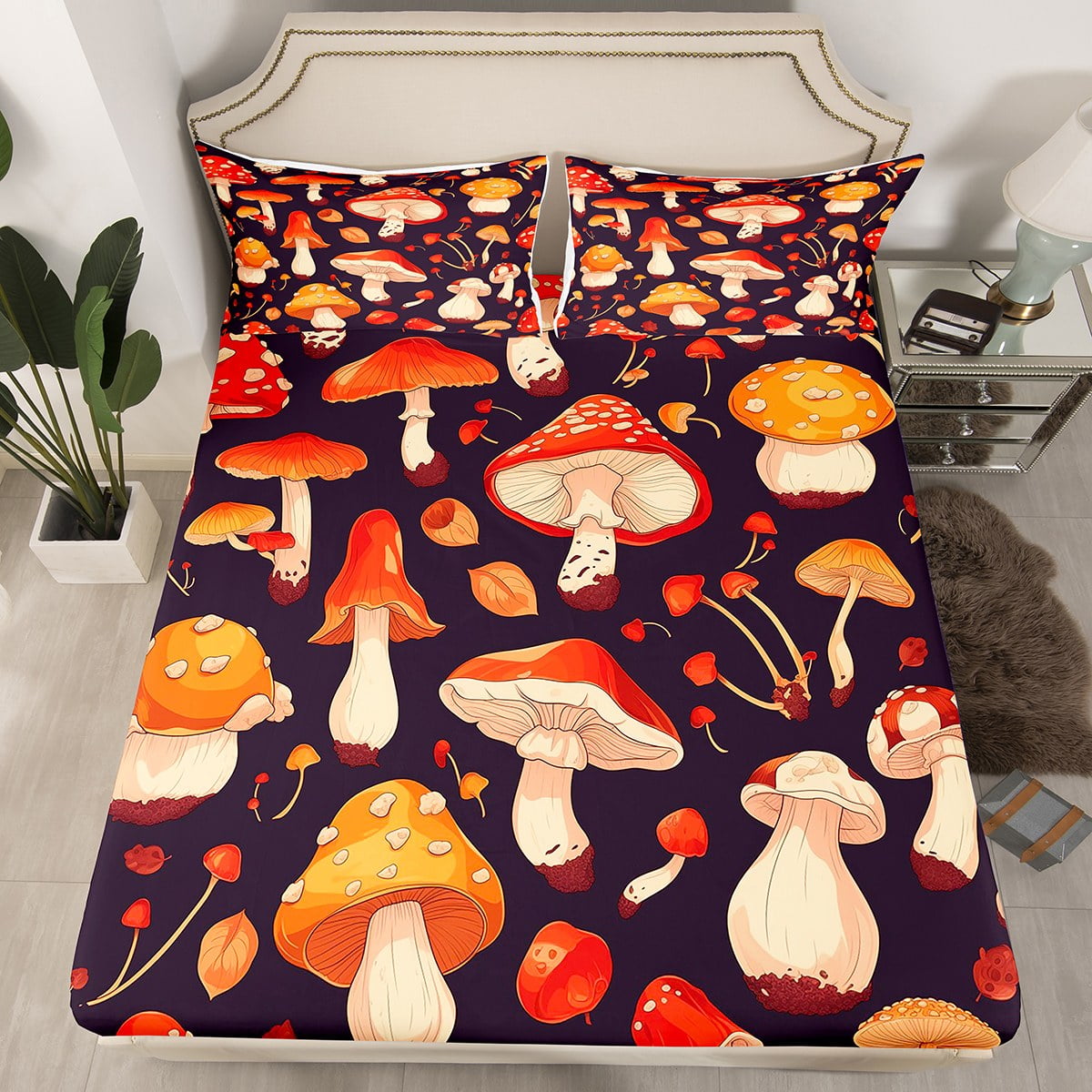YST Red Mushroom Fitted Sheet Orange Wild Fungus Queen Sheets Botanical