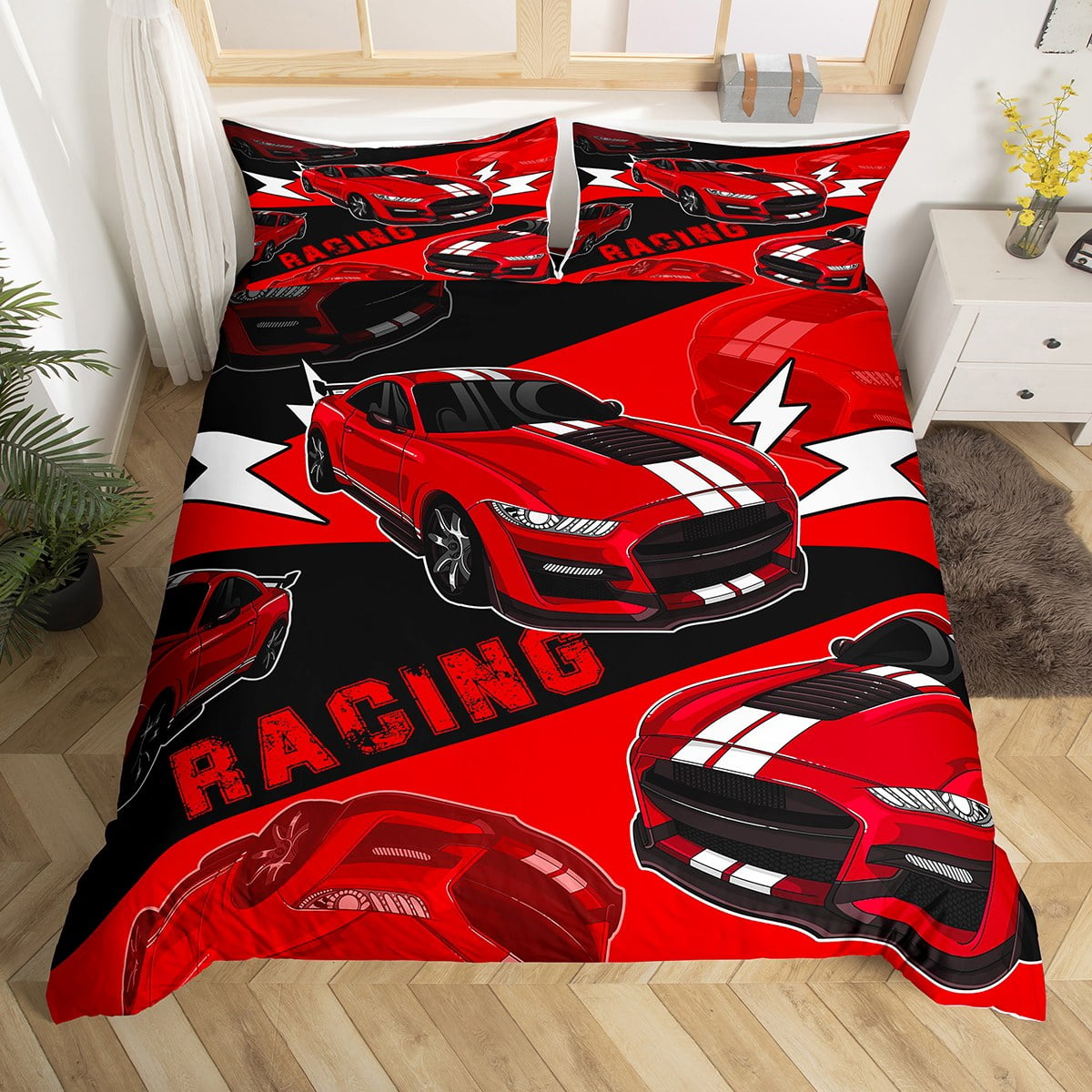 YST Red Race Car Bedding Set for Boys Sports Car Duvet Cover Queen,Race