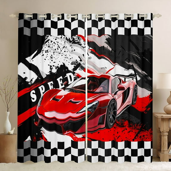 Red Race Car Curtains & Drapes Extreme Sport Games 30%-50% Blackout Curtains 104x84,Black White Checkered Curtains Car Themed Black Out Curtains Room Decor