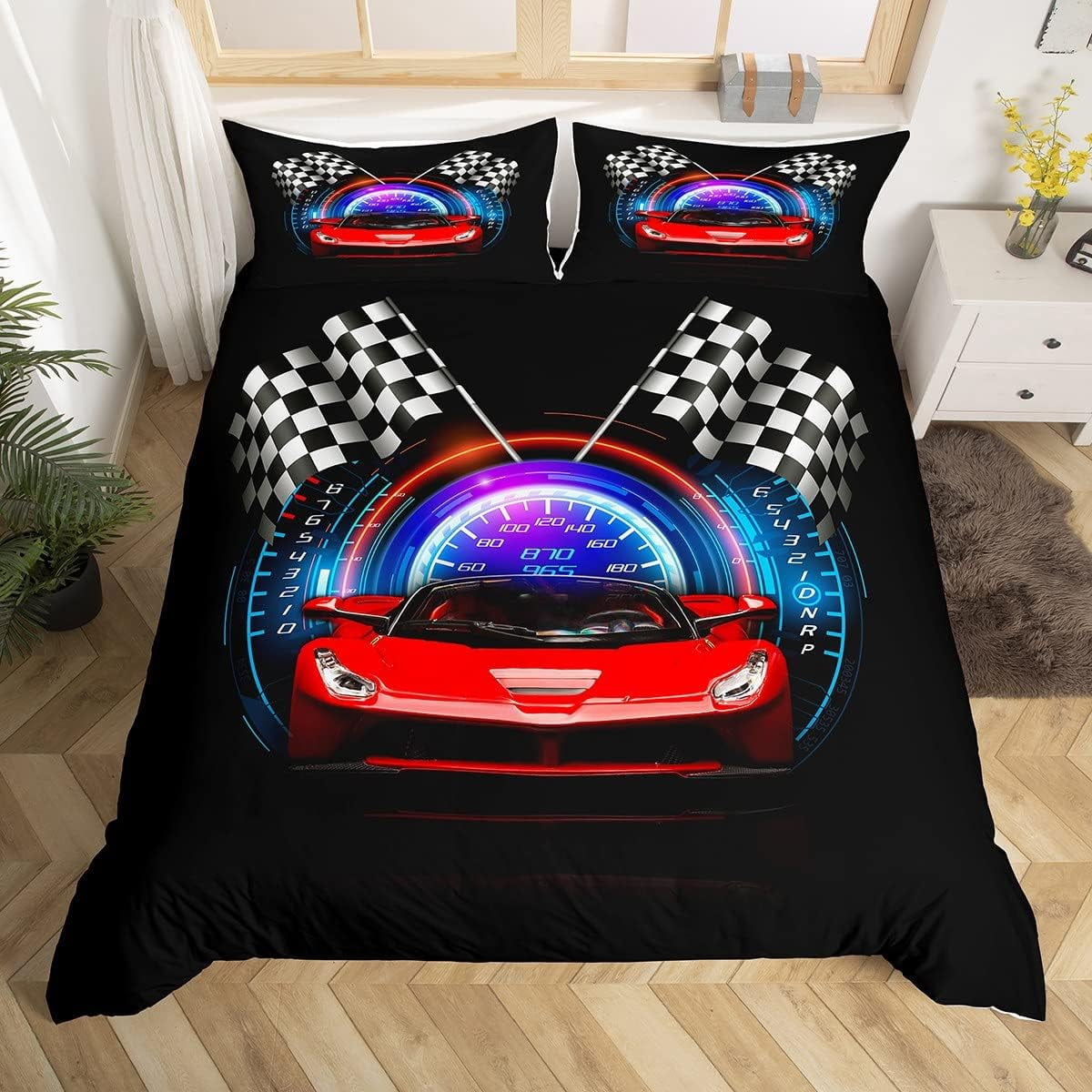 YST Red Race Car Duvet Cover for Boys Teens,Cool Racing Car Bedding Set