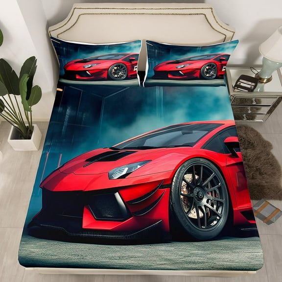 YST Red Racing Car Bed Sheets for Boys Girls Car Themed Fitted Sheet Queen Size, Extreme Sports Competition Bedding Cool Race Car Sheet, Hobby Leisure Bed Cover (Deep Pocket)