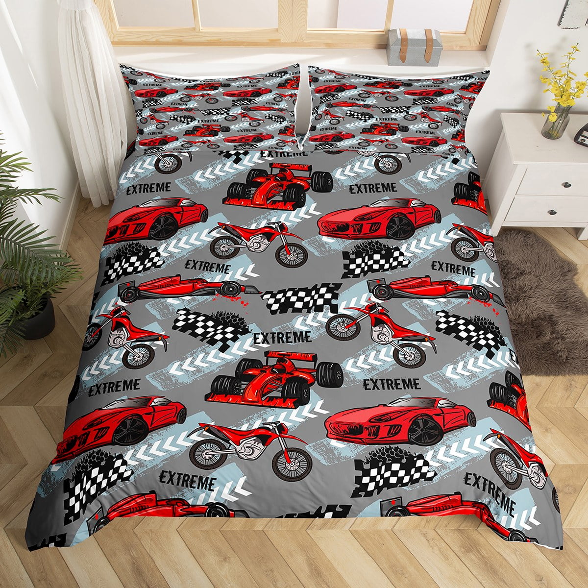 YST Red Racing Car Comforter Cover for Boys Cartoon Dirt Bike Bed Set