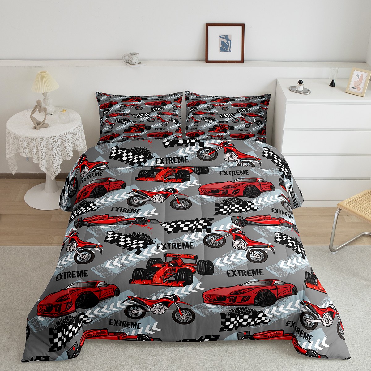 YST Red Racing Car Comforter Twin for Boys Cartoon Dirt Bike Bedding ...