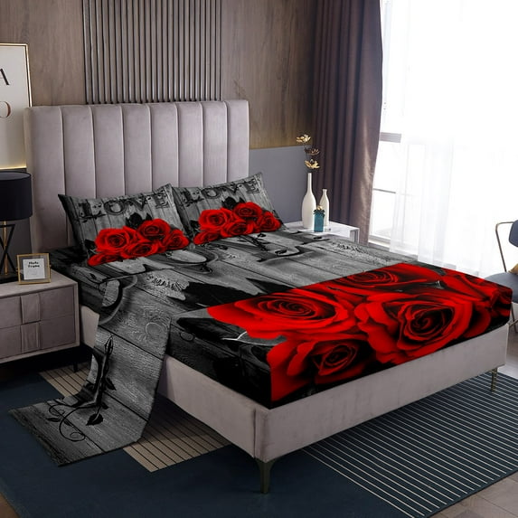 Red Rose Bed Sheets King Red Black Valentine'S Day Sheet Set Women Men Couple,Romantic Floral Bedding Set Rustic Farmhouse Flower Fitted Sheet Grey Flat Sheet + 2 Pillow Cases