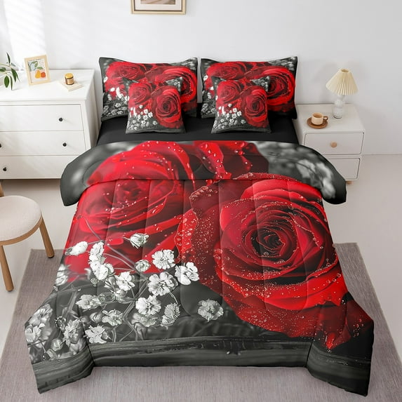Red Rose Floral 7 Pcs Comforter Set Twin,3D Printed Blossom Flowers Bed in a Bag,Valentine'S Day Botanical Bed Sheets,Romantic Farmhouse Garden Rose Quilted Duvet,Soft Microfiber Quilt