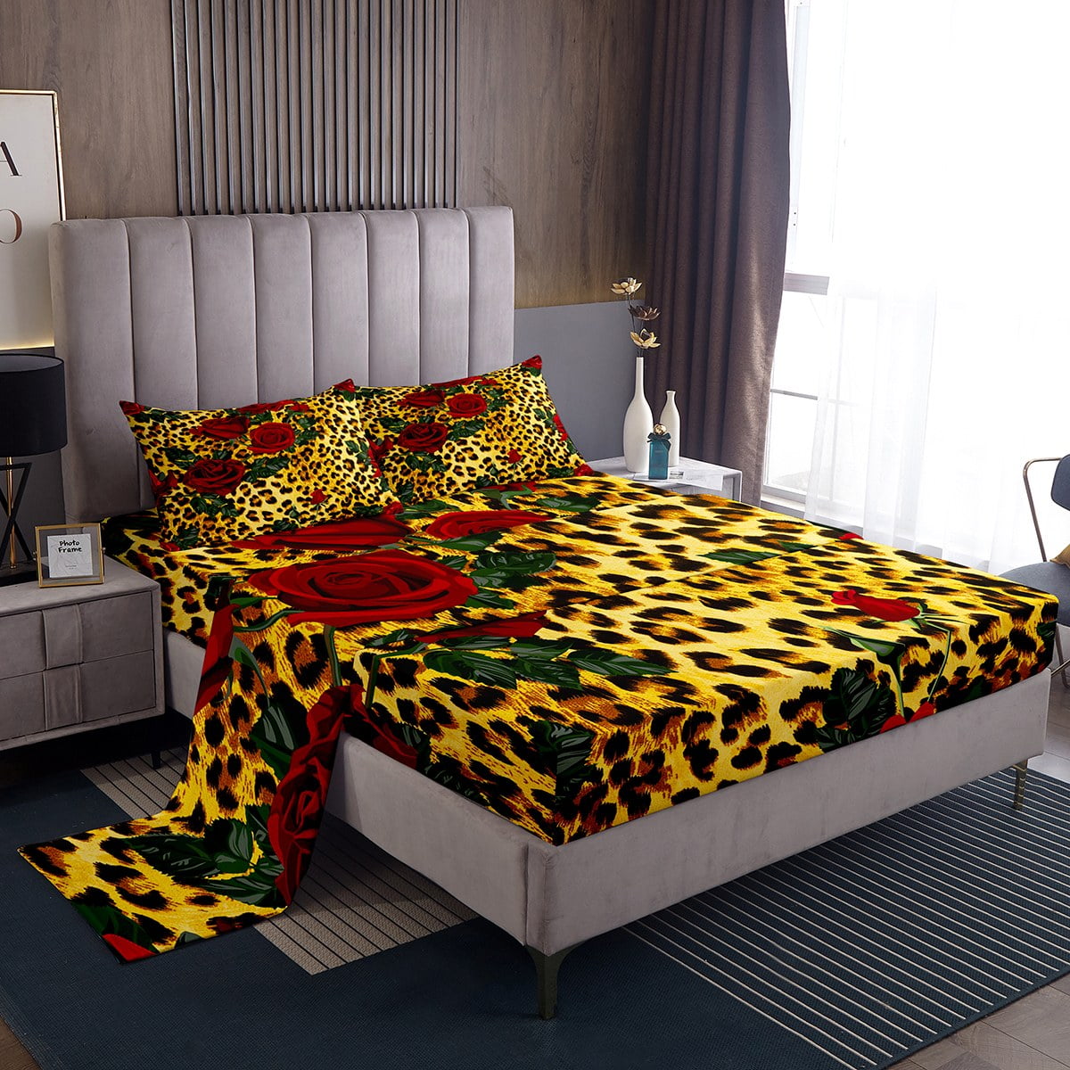 YST Red Rose Floral Bed Sheets Set for Women Girls Brown Leopard Print