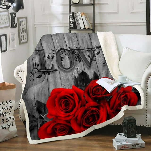 YST Red Rose Throw Blanket Red Black Valentine'S Day Fleece Bed Blanket