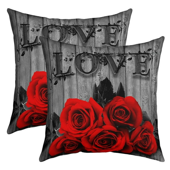Red Rose Throw Pillow Covers 16x16 inch set of 2 Red Black Valentine's Day Cushion Cases Women Men Couple,Romantic Floral Square Pillow Cases Rustic Farmhouse Cushion Covers Grey