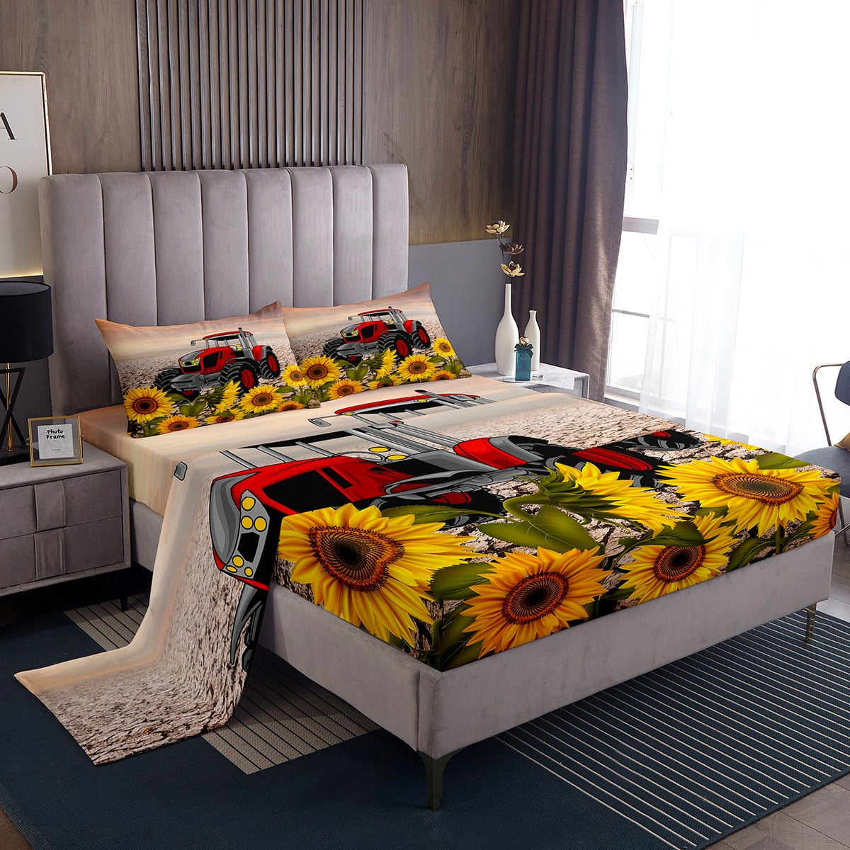 YST Red Truck Bed Sheets Set Chic Sunflower Queen Size Sheet Sets
