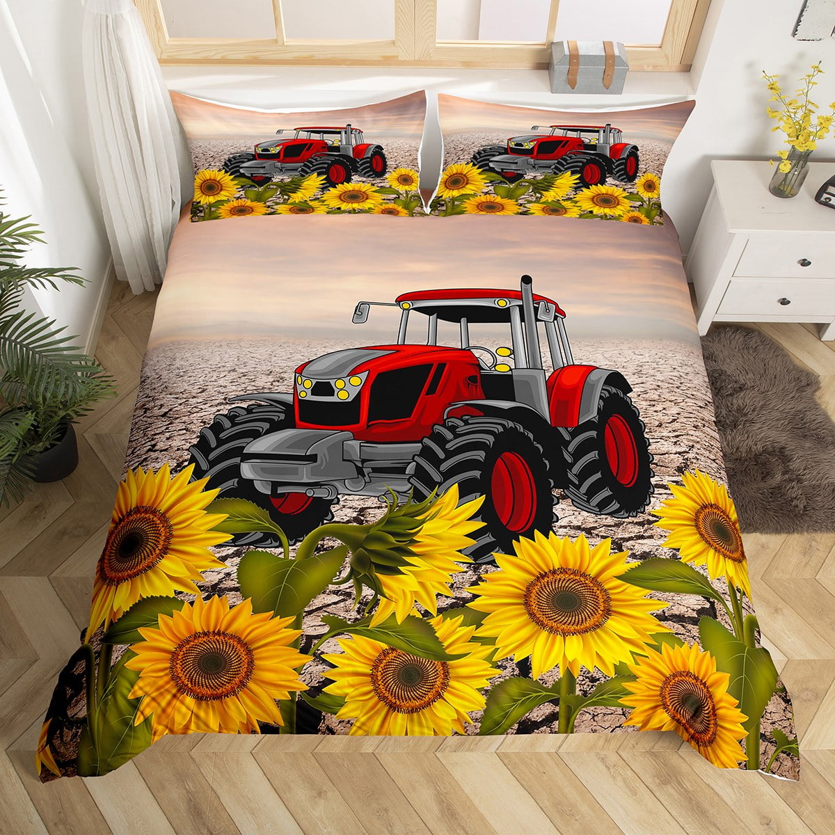 YST Red Truck Bedding Sets Twin Chic Sunflower Comforter Cover