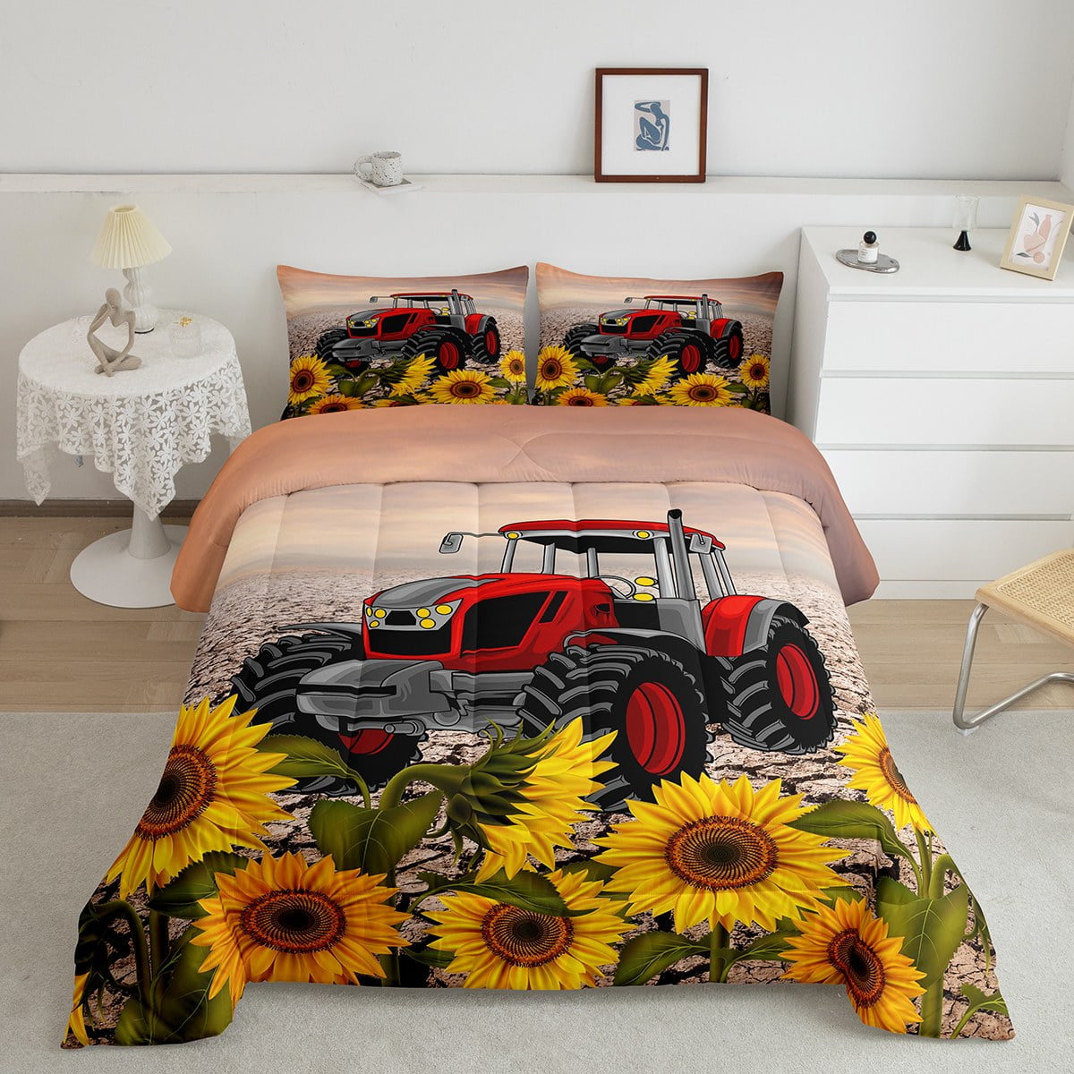 YST Red Truck Comforter Set Queen Chic Sunflower Bedding Set