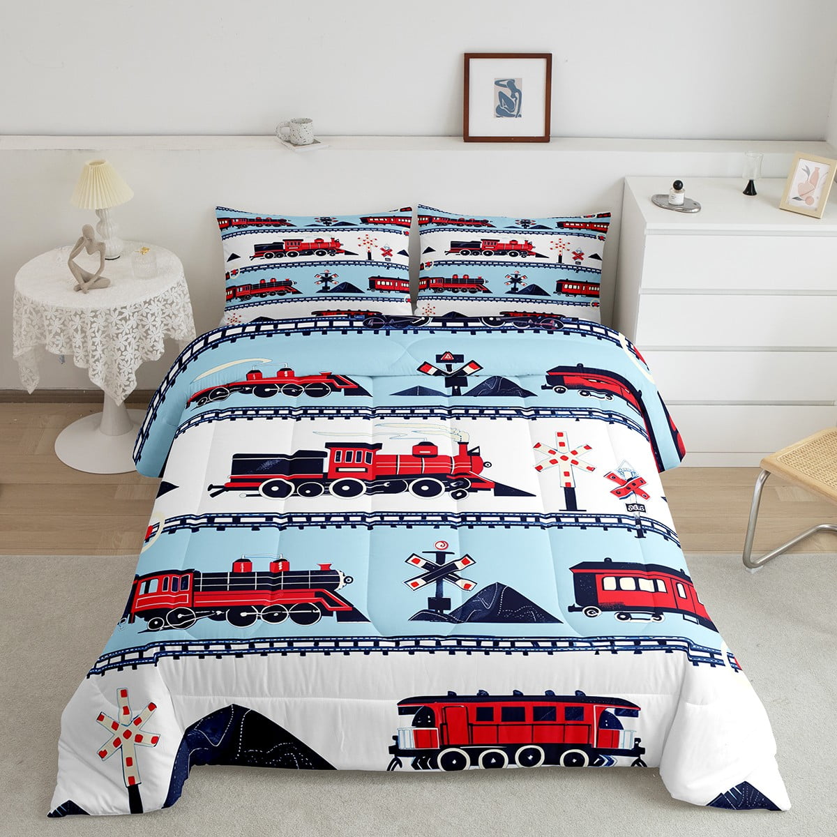 YST Red White And Blue Train Comforter Set Cartoon Train Railroad