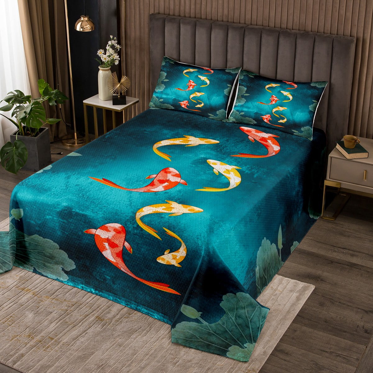 YST Red Yellow Koi Fish Bedspread Twin Size Oriental Japanese Quilt Set