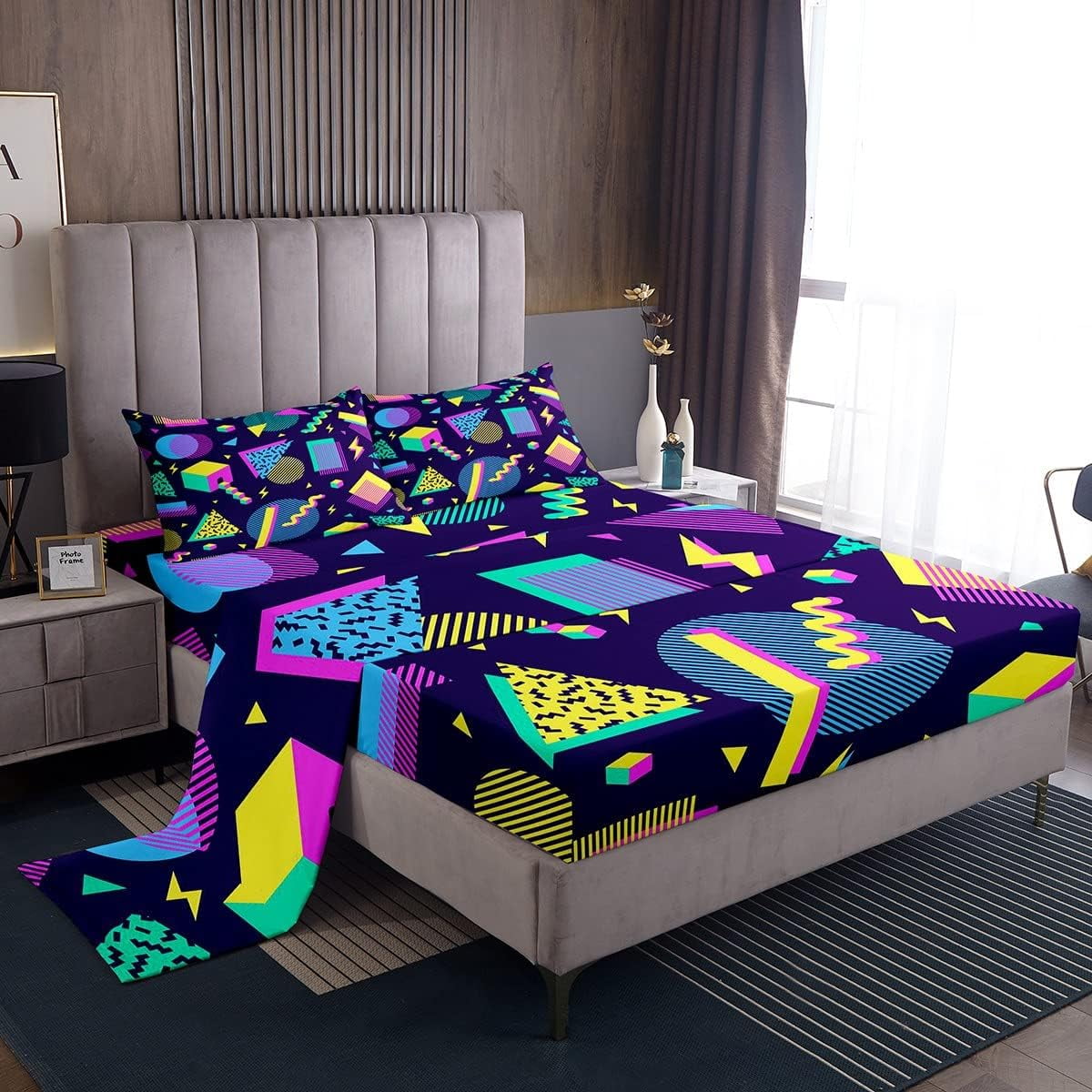 YST Retro 80s Style Sheet Set Twin,Abstract Geometric Pattern Bed