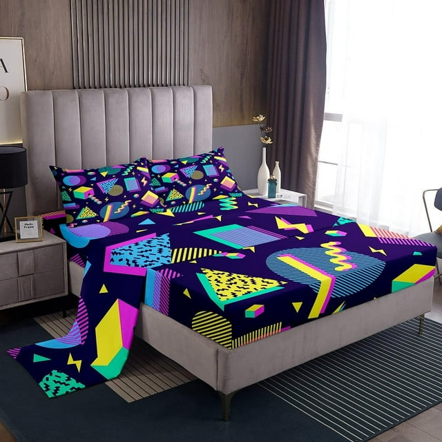 YST Retro 80s Style Sheet Set Twin,Abstract Geometric Pattern Bed