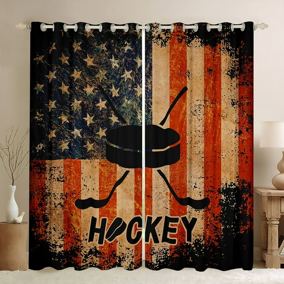 Erosebridal Retro American Flag Blackout Curtains Black Ice Hockey Curtains & Drapes, US Flag Stripes Curtains Sports Themed Black Out Curtains, Red Beige Window Drapes Black
