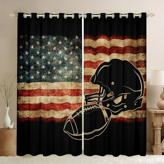 Retro American Flag Curtains Black Football Curtains & Drapes, Sports 30%-50% Blackout Curtains USA Flag Stars Bedroom Curtains, Red Beige Stripe Window Treatments Black