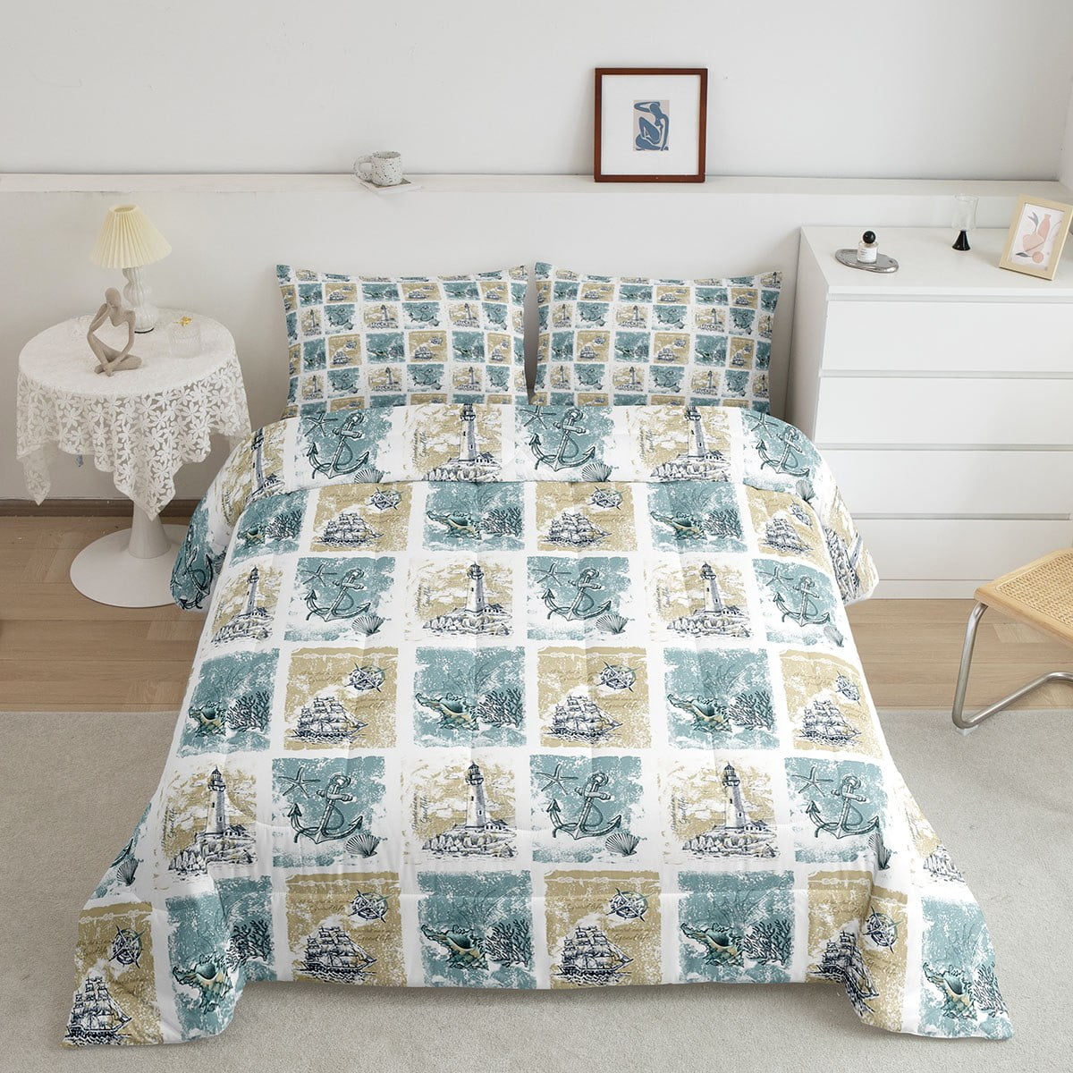YST Retro Anchor Comforter Set Queen,Nautical Ocean Bedding Set,Hawaii