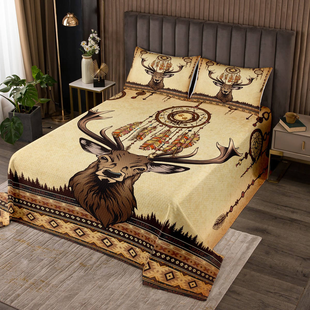 YST Retro Antler Queen Coverlet Set Woodland Hunting Deer Elk Moose