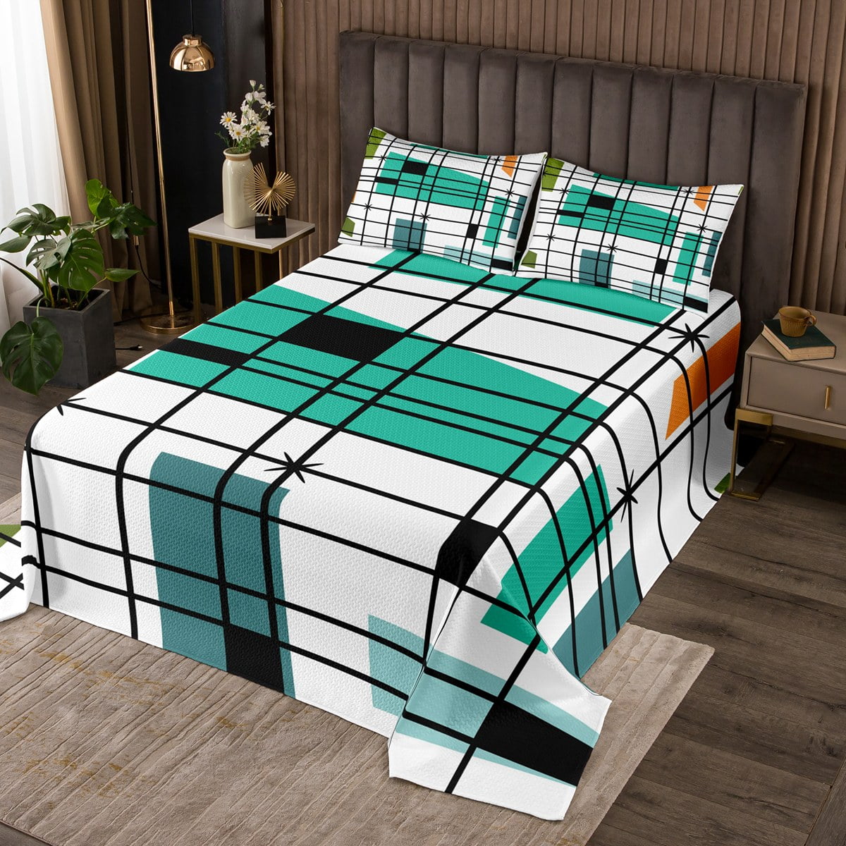 YST Retro Atomic Bedspread Queen Size White Turqoise Black Quilt Set, Geometric Lines Stripes