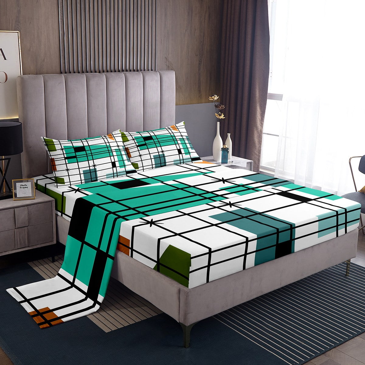 YST Retro Atomic Queen Sheets White Turqoise Black Bed Set, Geometric Lines Stripes Bed Sheets