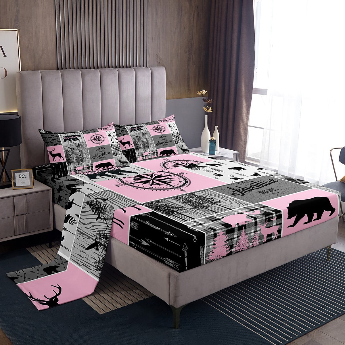 YST Retro Cabin Rustic Sheets For Bedroom Decor, Farmhouse Lodge Bear Sheet Set King Size