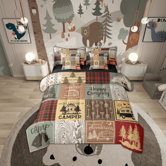 Retro Camper Bed In A Bag 7 Piece Happy Camping Full Comforter Set Adults,Rv Camping Decor Bedding Set For Travel Trailers Campers,Vintage Rustic Buffalo Plaid Bed Set