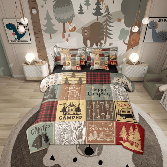 Retro Camper Bed In A Bag 7 Piece Happy Camping King Comforter Set Adults,Rv Camping Decor Bedding Set For Travel Trailers Campers,Vintage Rustic Buffalo Plaid Bed Set