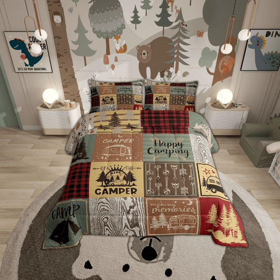 Retro Camper Quilt Set Happy Camping Queen Bedding Set Adults,Rv Camping Accessories Comforter Set For Travel Trailers Campers,Vintage Rustic Buffalo Plaid Bed Set 3 Pcs