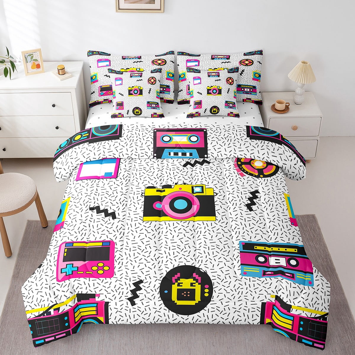 YST Retro Memphis Music Bedding Set 7 Piece King 80s 90s Fashion Bed In A Bag With Sheets Videotape Audiocassette Photo Camera Comforter Set Geometric Memphis Bed Set Funky Fashion Decor