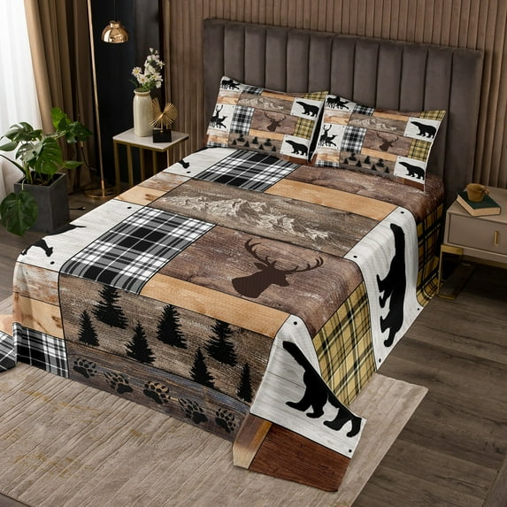 YST Retro Rustic Cabin Quilt Set, Bear Deer Elk Moose Coverlet Set Queen Size, Rustic Farmhouse Lodge Hunting Bedspread Set Mountain Pine Tree Buffalo Bed Set For Kids Teens Adult