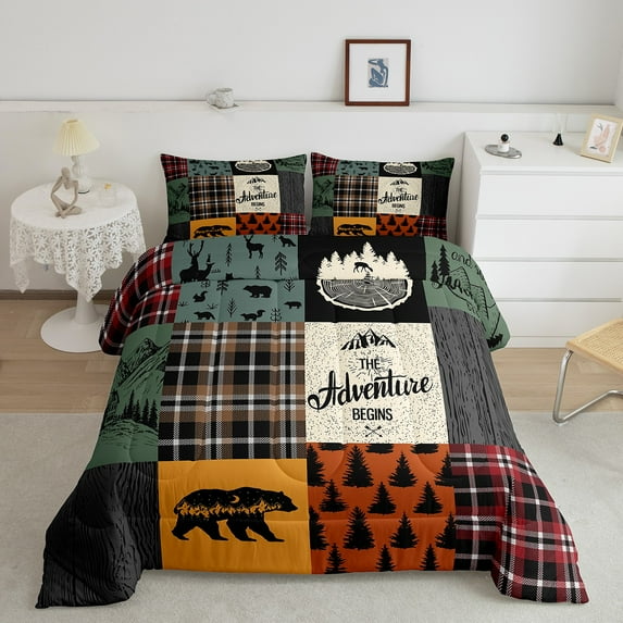 Retro Rustic Lodge Comforter Set , Cabin Farmhouse Bedding Set Queen Size, Hunting Bear Deer Bedding Comforter Sets Forest Adventure Country Patchwork Quilt Camper Room Decor