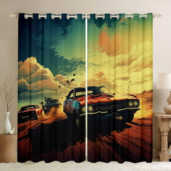 Retro Taxi Curtains Vintage Car 30%-50% Blackout Curtains 84x90 ,Extreme Sports Curtains & Drapes Game Gamer Living Room Curtains Teen Teal Bedroom Decoration