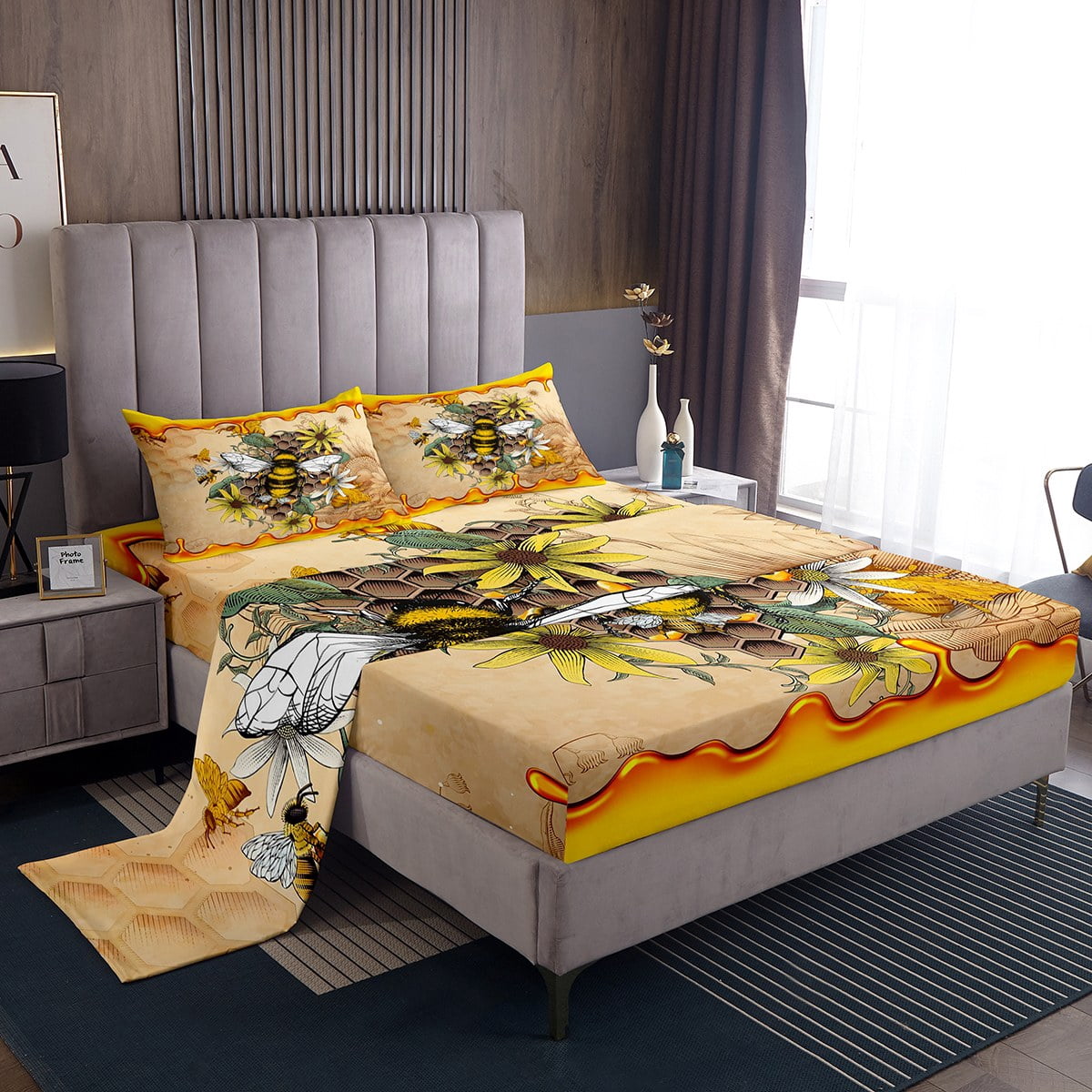 YST Retro Vintage Bed Set Wild Honey Bee Bed Sheets Set, Chic Yellow ...