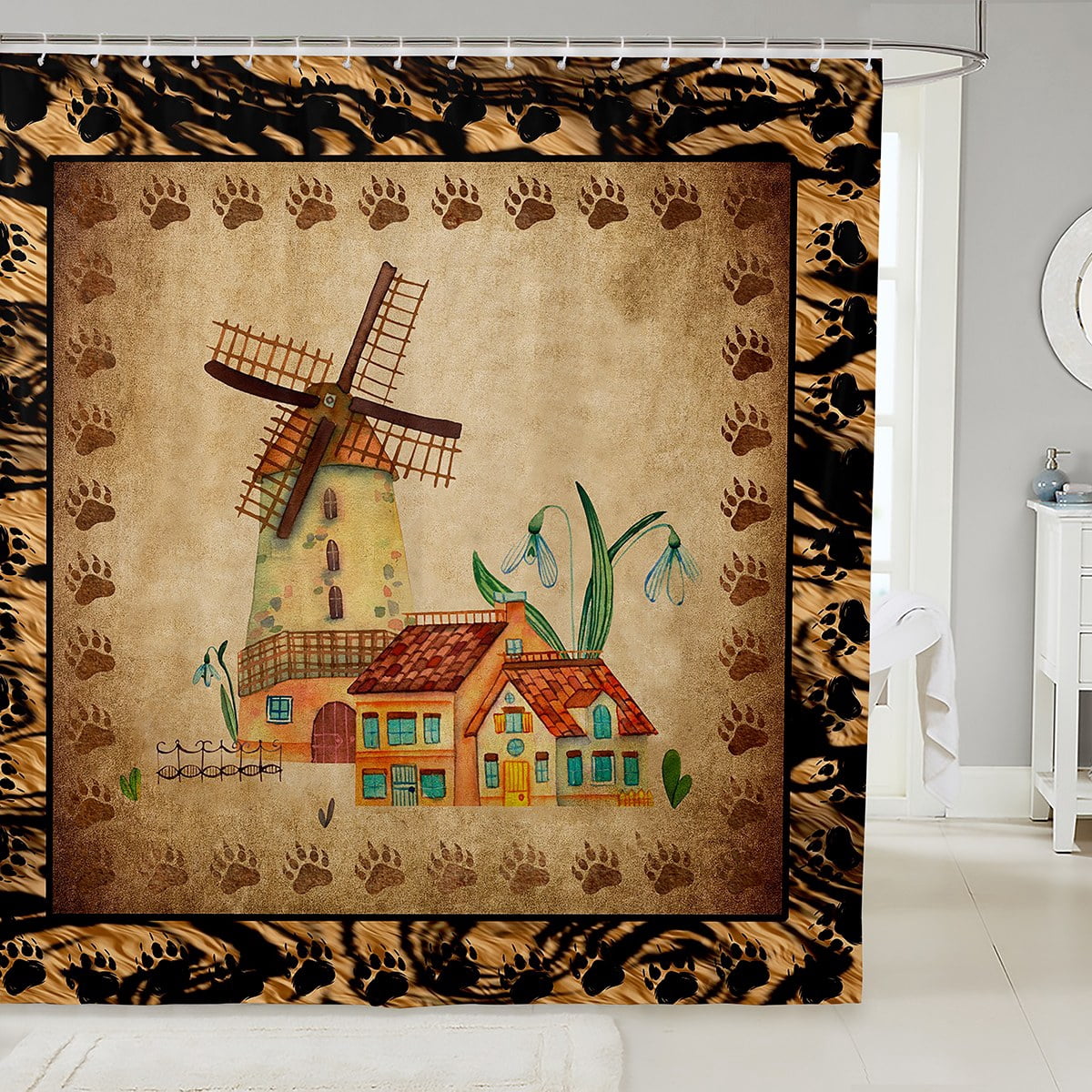 YST Retro Windmill Waterproof Bathroom Curtain Brown Cow Print Bath ...