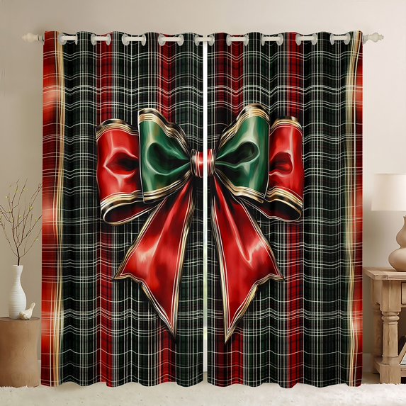 Ribbon Bow 30%-50% Blackout Curtains Red Green Bowknot Curtains & Drapes 42"Wx90"L Teen,Retro Buffalo Plaid Grid Check Window Curtains Gold Bow Tie Window Treatments 2 Panels