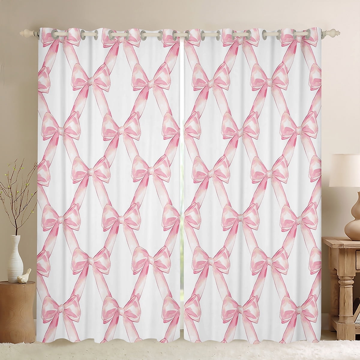 Ribbon Bow Curtains & Drapes Teen Women,Pink Girly Bowknot Window Curtains 42"Wx84"L Cute Fantasy Princess 30%-50% Blackout Curtains Kawaii Bow Tie Window Treatments 2 Panels