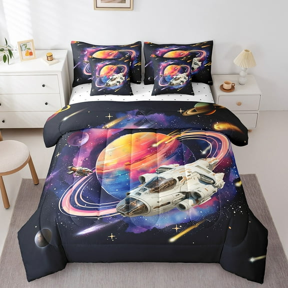 Erosebridal Rocket Print Bedding Full Size 7Pcs Rainbow Planets Comforter Set,Sparkle Stars Sheet Set With Comforter Purple Galaxy Bed In A Bag Galaxy Theme Bedroom Decor,Soft