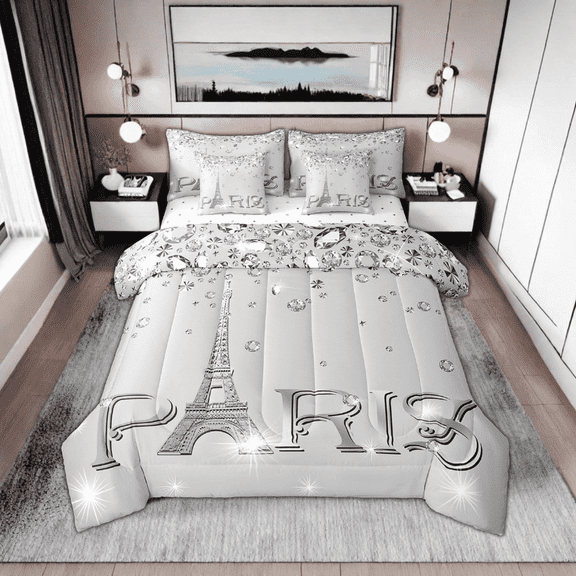 Romantic Comforter Set Queen for Women,Girly Paris Eiffel Tower Bed in A Bag for Valentine's Day Gift,(Not Real)Diamond Bedding Sets,Sparkles Sequins Reversible Bed Sets with Sheet Set