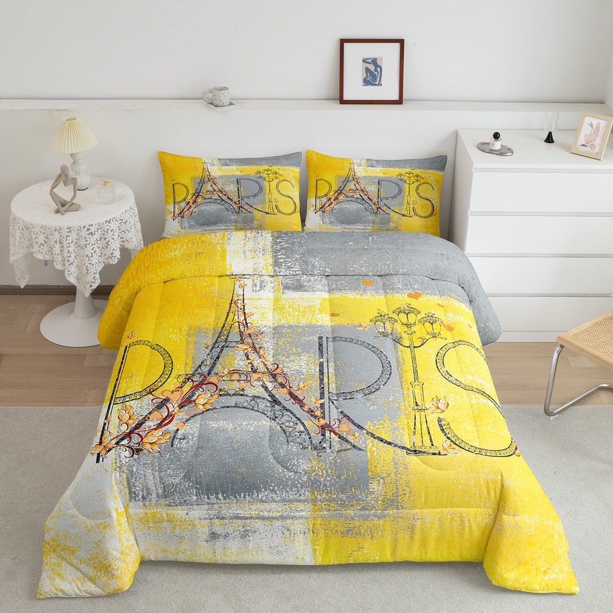YST Romantic Paris Bedding King Eiffel Tower Comforter Set, Yellow Grey